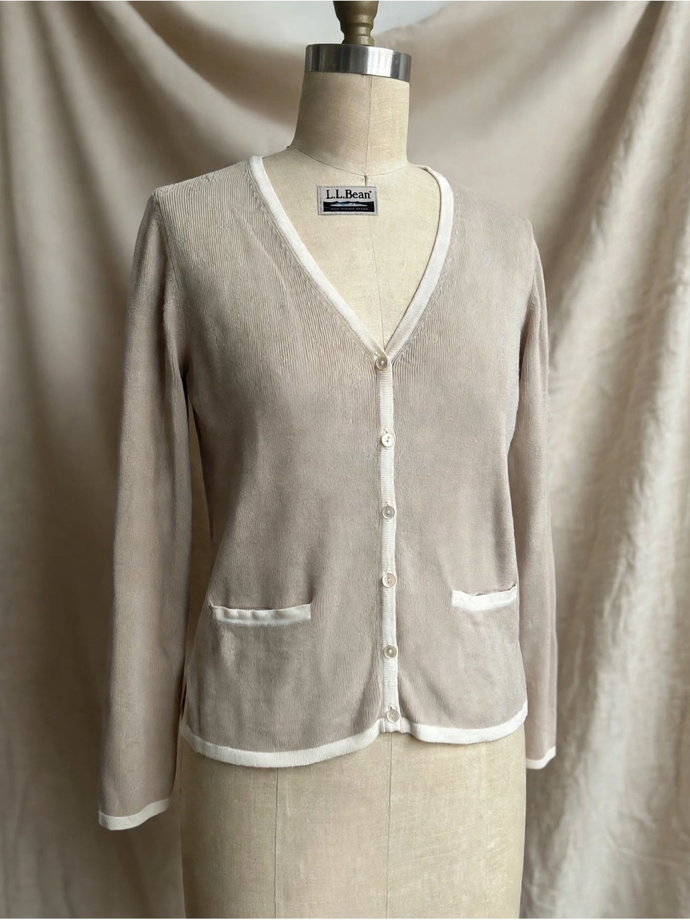L.L.Bean Beige Tipped Cardigan White Trim - Capsule Old Money Preppy M